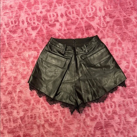 Self-Portrait Black Faux Leather Shorts with Lace Detail - Picture 3 of 5